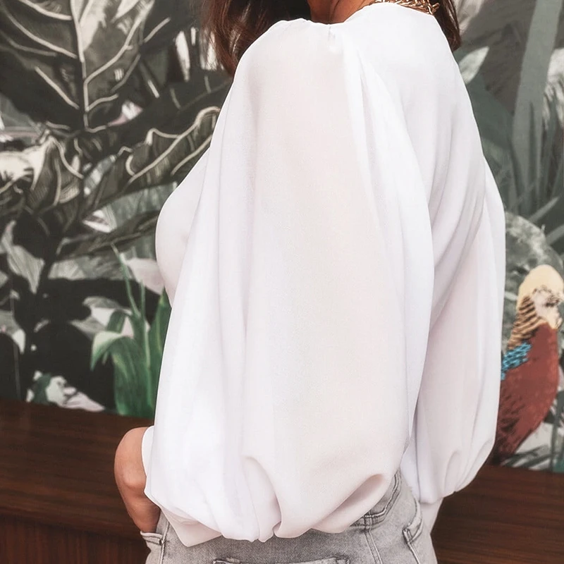 

Women Sexy Tops Summer Casual Lantern Sleeve Shirt Bow Lace Up Solid Blouse Summer Loose Blouse