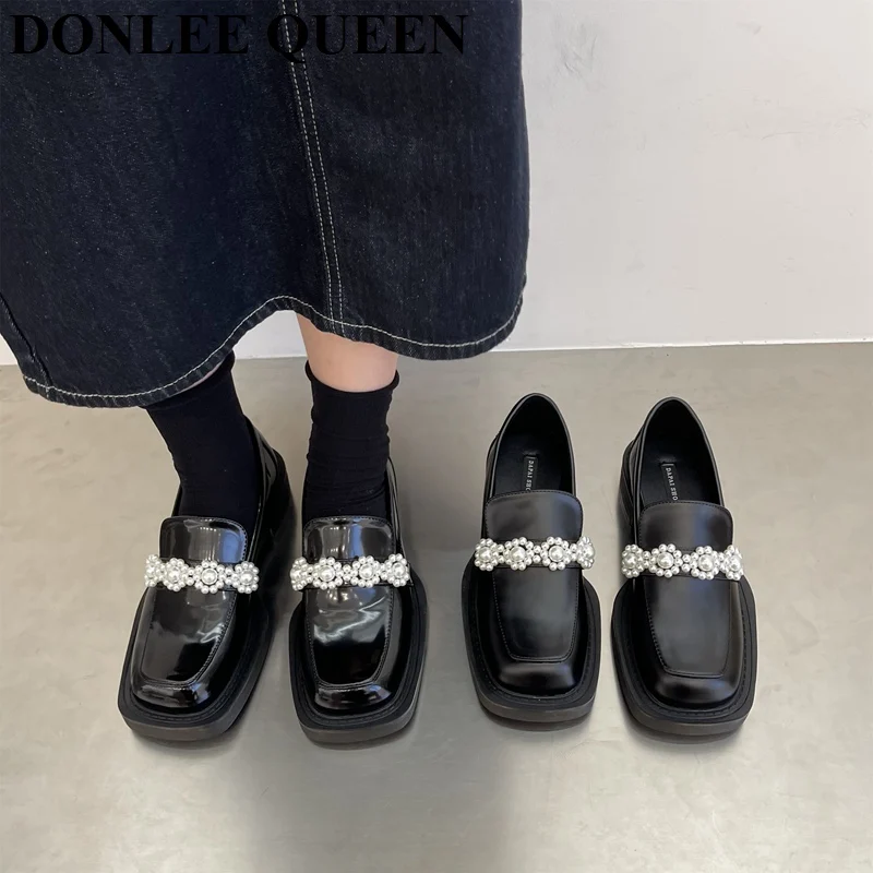 

Fashion Flat Shoes Women Pearl Beaded British Loafers Slip On Platform Casual Moccasins Square Toe Ballet Flats Brand Ballerinas