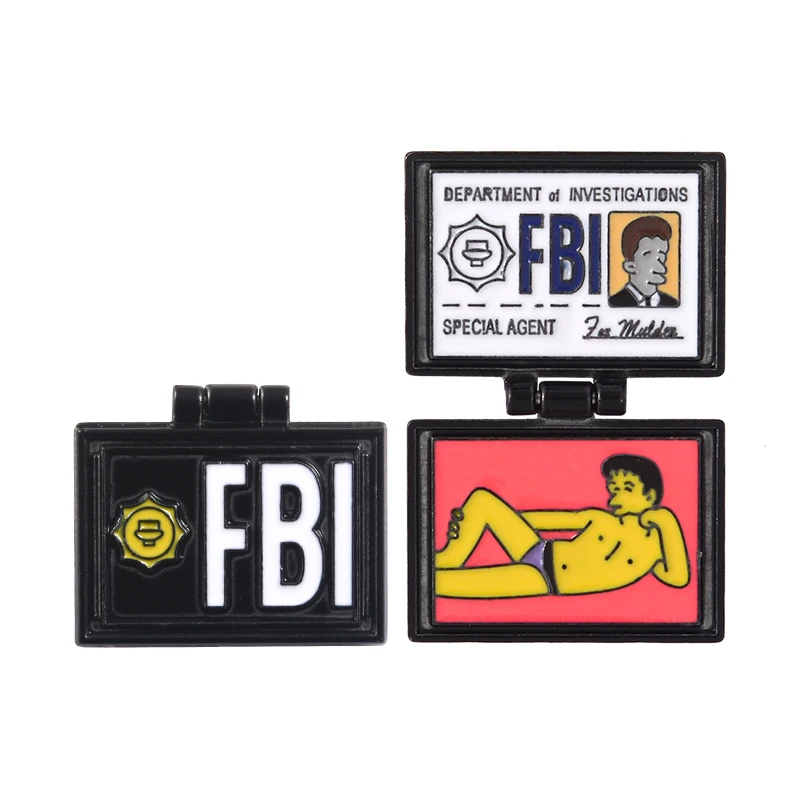 FBI Homer Lisa Fold enamel pin X-Files brooch Fox Mulder ID Card badge Jackets Clothes backpack bag Lapel pin Funny Jewelry gift