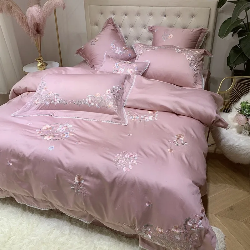 4/7 шт. 800TC египетского хлопка розового цвета с вышивкой и цветочным принтом