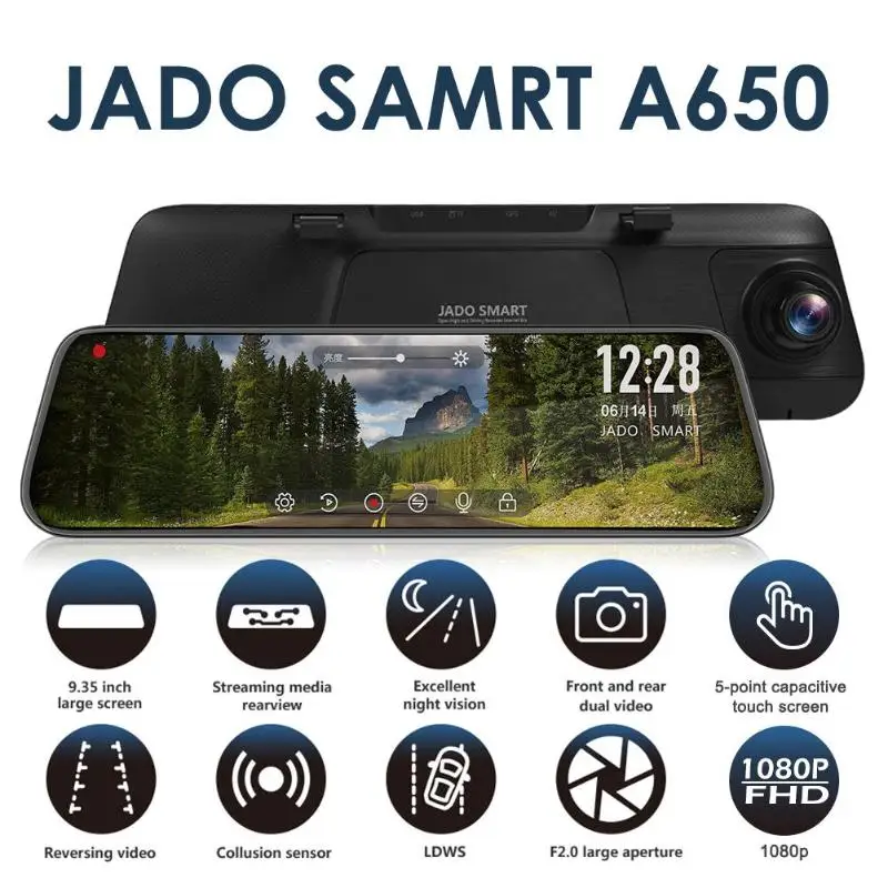 JADO A650 поток медиа ADAS зеркало заднего вида DVR Dashcam камера 9 35 &quotips сенсорный экран Full