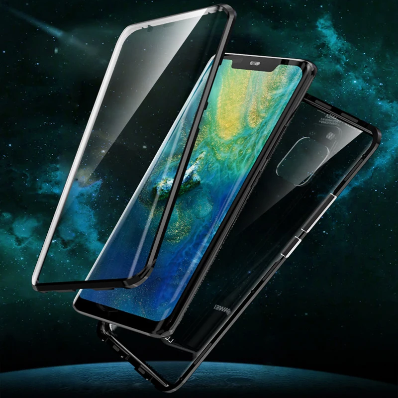 Магнитный металлический чехол для Huawei Mate 20 Pro противоударный Полный стеклянный
