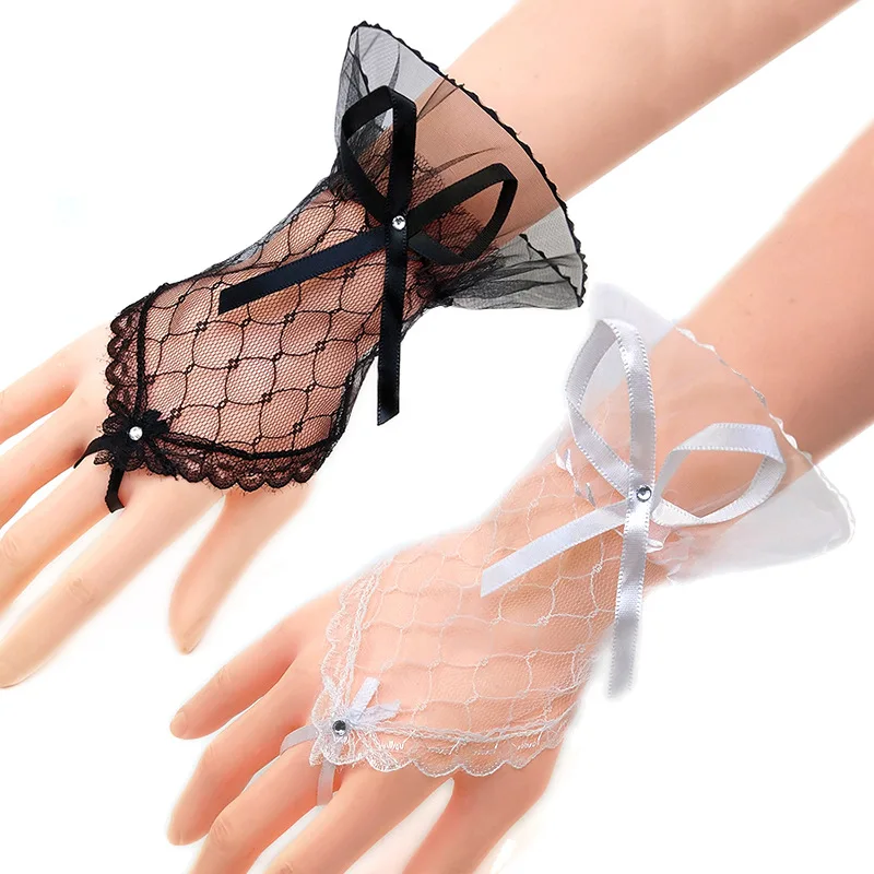 

Lace Arm Sleeves for Women Gothic Fingerless Bowknot Fashion Glove Lace Wrist Cuffs Bracelets Solid Black White Wedding Gloves