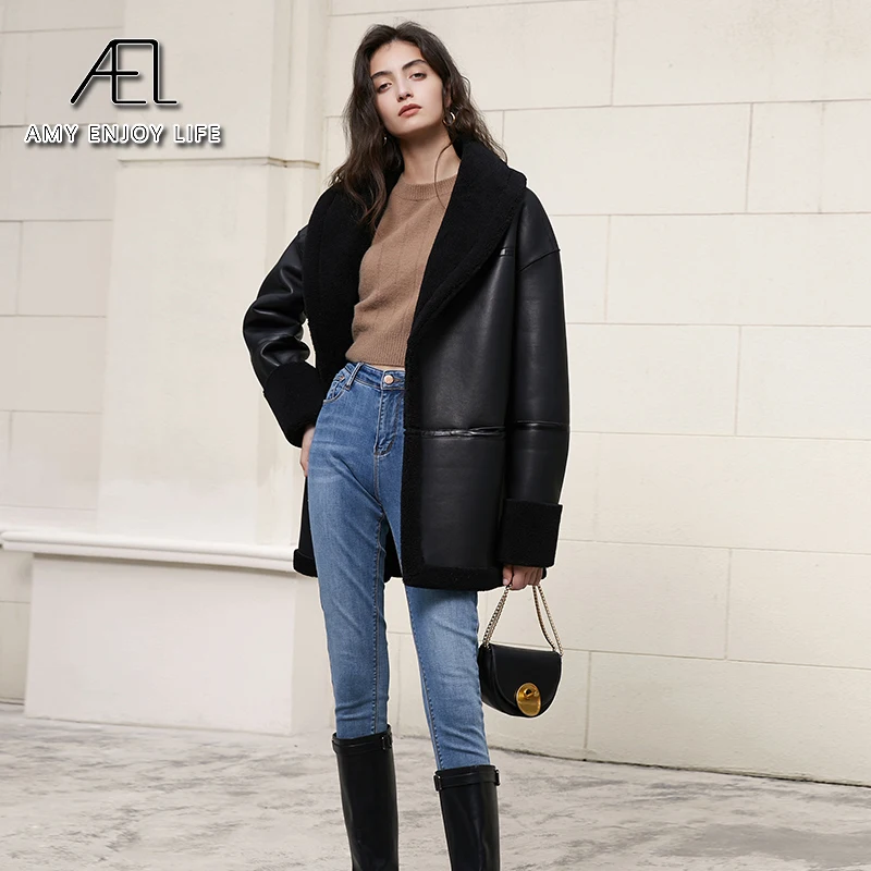AEL Winter Leather Jacket Women With Fur Collar Wool Lining Warm Coat Streetwear 2020 New Arrival Black And Cream