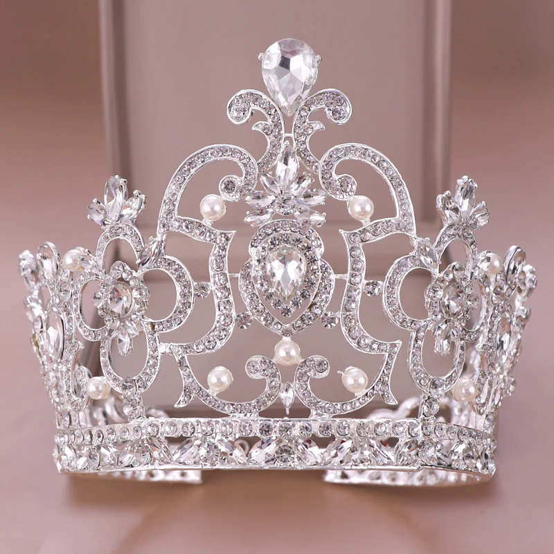 

AiliBride Silver color Big Wedding Crown Pearl Crystal Diadem Queen tiara Head Jewelry Bridal Headpiece Wedding Hair Accessories