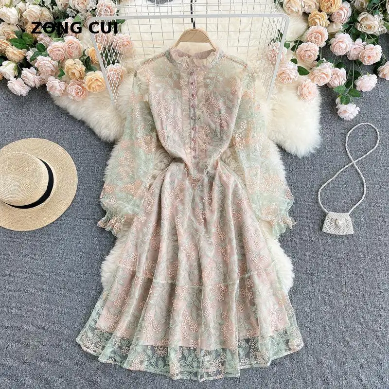 

2021 autumn women's long sleeve lace dress Korean STAND collar high waist button embroidery long dress runway dresses