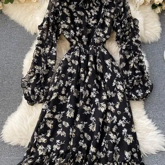 

Vintage Print Women Dress Irregular Ruffles Female Long Dress 2020 Spring Summer Chiffon A-line Vestidos femme Black Dress