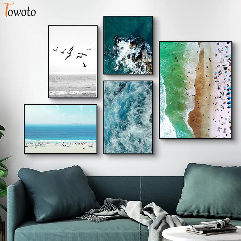Печать на холсте песчаный пляж синий океан волны Искусство морская вода Картина
