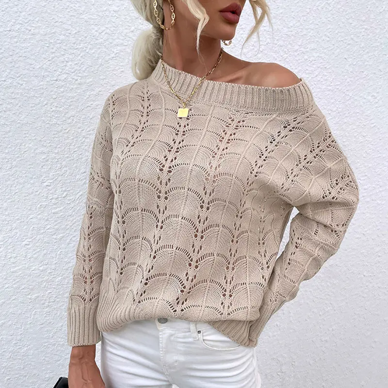 

Hollow Knitted Pullovers Women's Sweater Elegant Batwing Sleeve O-neck Strapless Sweaters Female 2021 Autumn Lady Beach Jumper