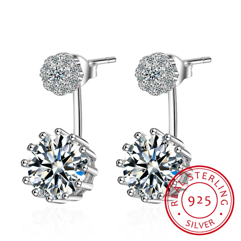 

925 Sterling Silver Round Stud Earrings Double Sided Clear Cubic Zirconia Earring for Women Wedding Engagement Fine Jewelry