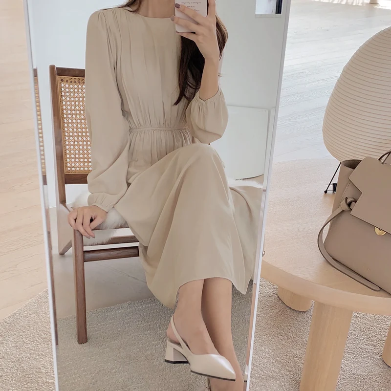 

Casual Women Dresses Summer 2021 Long Sleeve Maxi O-Neck Yellow Dress Vintage Elegant Plus Size Fashion Clothes Robe Chic Y2k