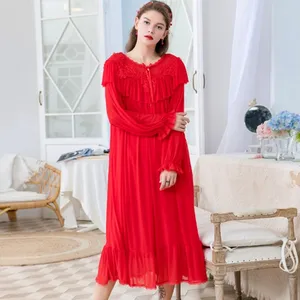 Ночная рубашка женская, кружевная, с длинными рукавами и оборками, весна-осень