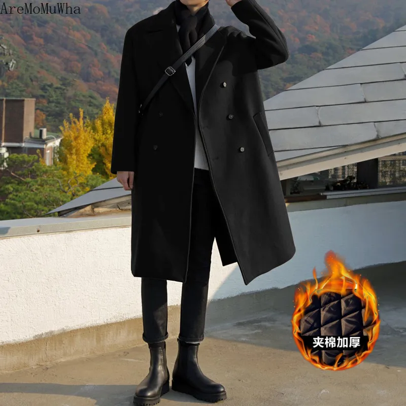 Autumn Winter Woolen Coat Men's Korean Style Loose Windbreaker Mid-length Men's Over-the-knee Woolen Coat Trend S-3XL Wool Coats