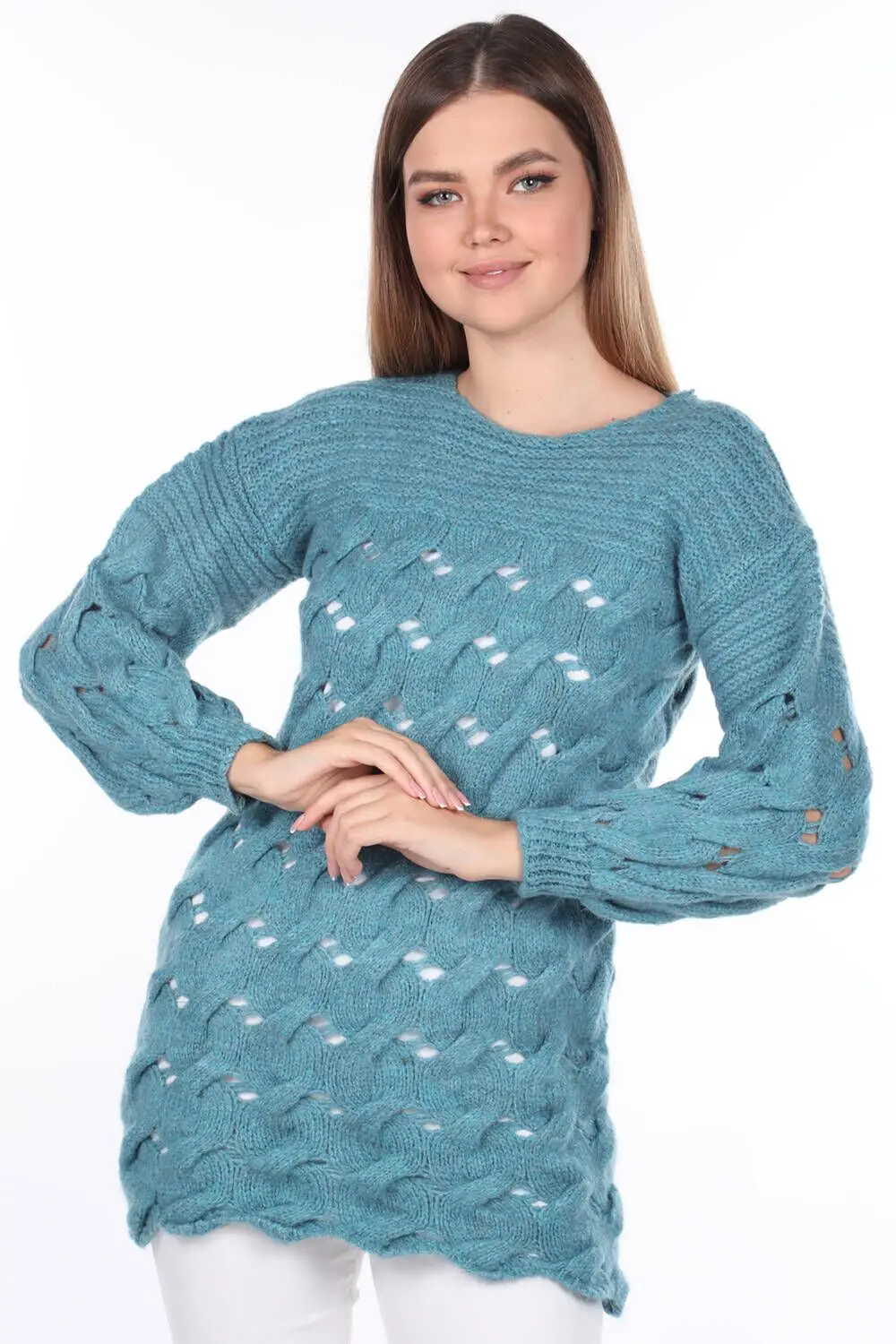 

Braided Long Blue Women Knitwear Sweater