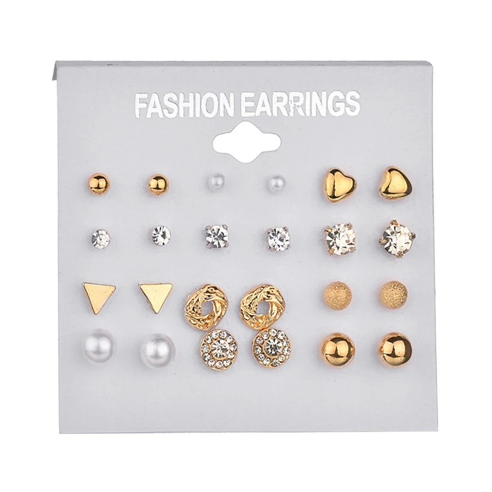 

12 Pairs/Set Gold Crystal Stud Earrings Set for Women Simple Elegant Ear Studs Jewelry Heart Pearls Zircon Rhinestone Earrings