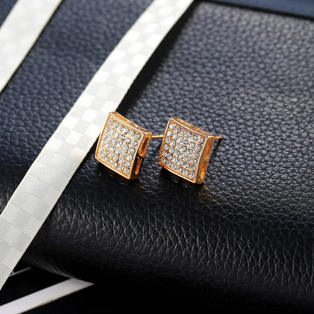 

Luxury Full Set Zirconia Gems Big Square Fine Ear Studs Gold-Plated Copper Jewelry for Women Men Gift Fashion Geometric Earring