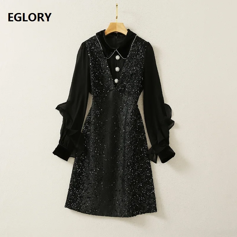 Женское платье с блестками осенне зимнее отложным воротником шифоновое в стиле
