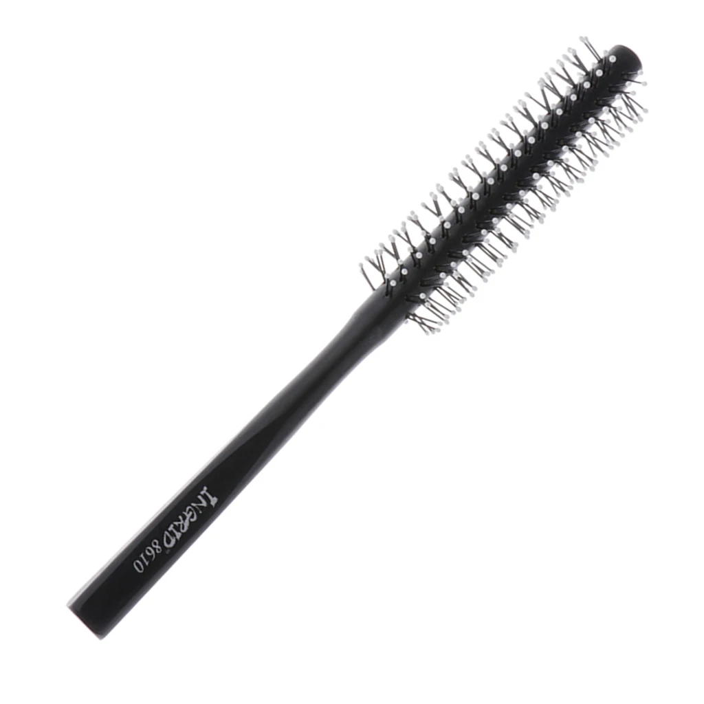 

1 Piece Small Mini Round Hair Brush Nylon Bristles, Black Long Wood Handle Hair Blow Drying Styling Roll Hairbrush