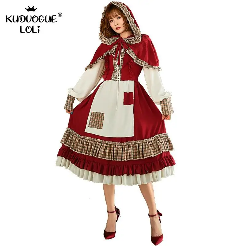 

Halloween Costume Lolita Dress And Cape Set Sweet Long Sleeve Ribbon Plaid Patch Ruffle Over Knee Length Little Red Riding Hood