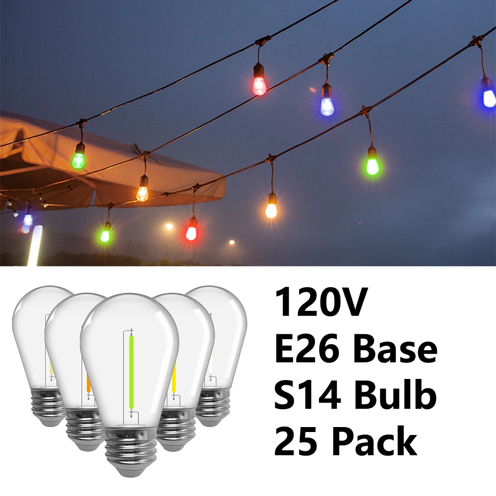 

25pcs 120V E26 Base S14 1W LED String Lights Replacement Bulb 110V 5 Color LED Lamps Red Green Blue Yellow Party Garden