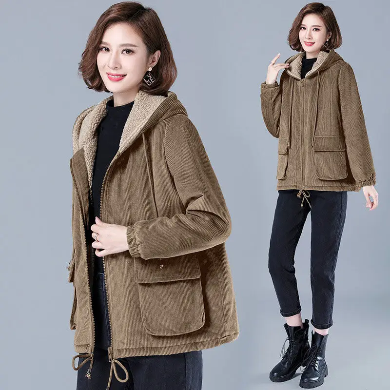 

Women's Corduroy Jacket Short 2021 Winter Korean Loose Cotton Coat Ladies Quilted Plus Velvet Autumn Outerwear Chaqueta M1896