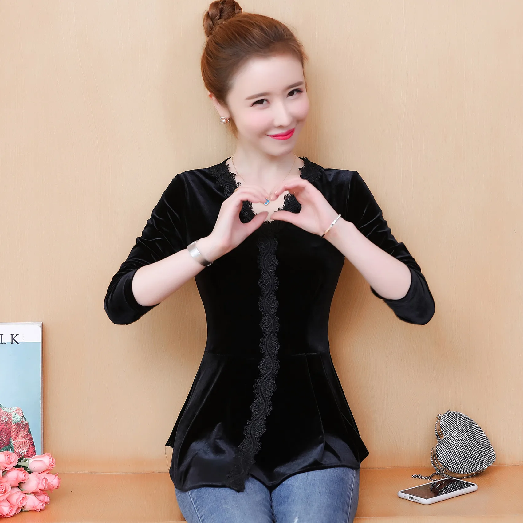 

COIGARSAM Blouse Women Autumn 2021 New Office Lady Full Sleeve Straight V-Neck Black Blusas Womens Tops And Blouses