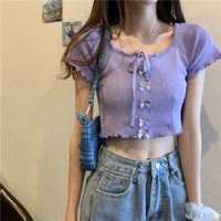 6 colour korean style summer knitted short sleeve t shirt women cropped solid sexy minimalist sale slim casual femme crop top