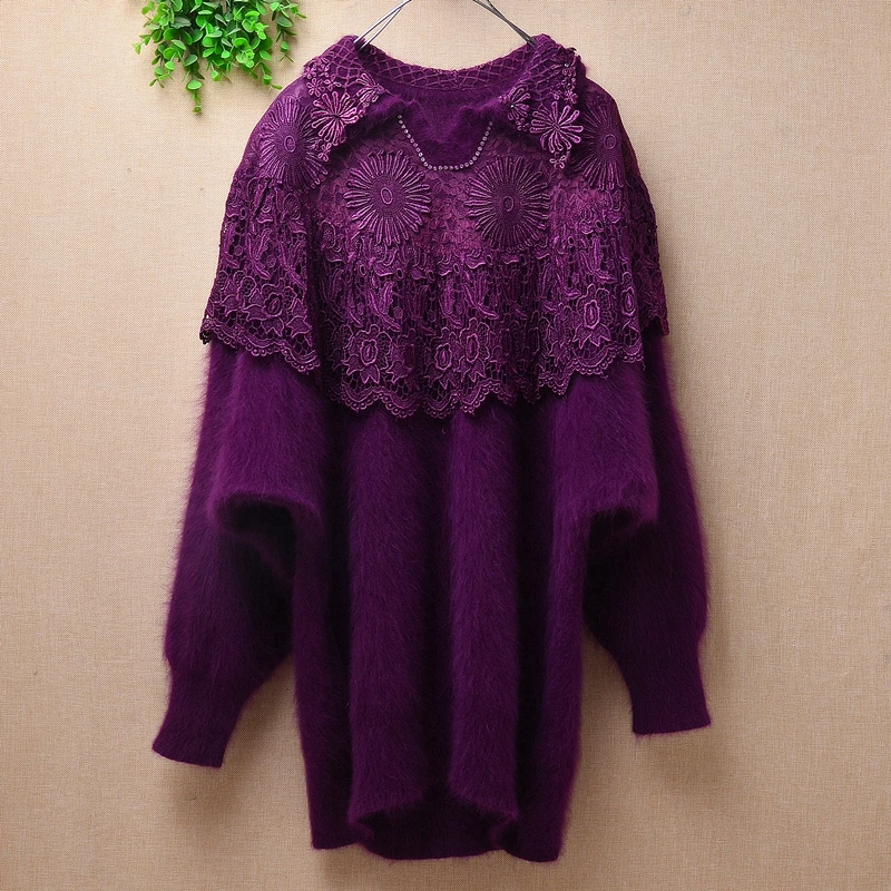 

Женский винтажный пуловер из ангоры, фиолетовый свитер с отложным воротником и длинными рукавами «летучая мышь», с вышивкой и бисером