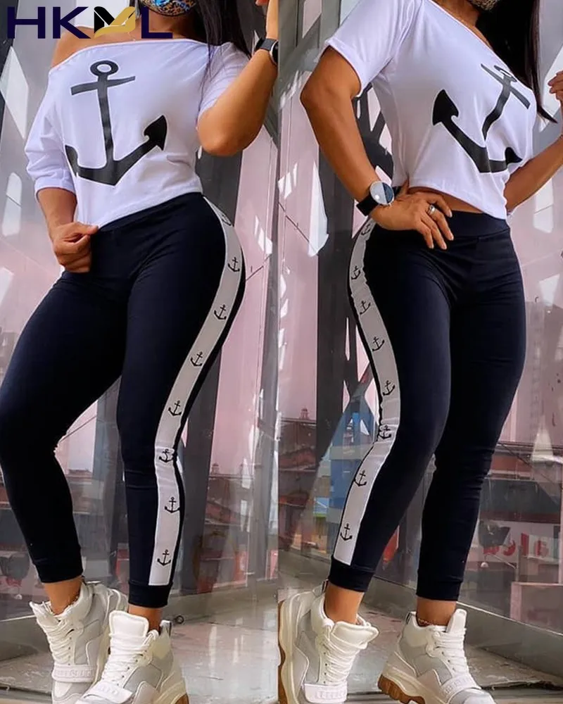 

Anchor Print Slanted Short Sleeve sexy Top & High Waist Pants Set Women Two Piece Set