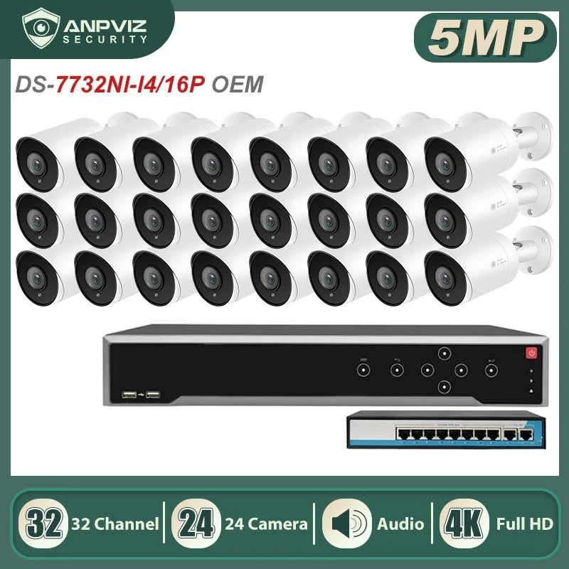 

Hikvision OEM 4K NVR 32 канала Anpviz 5 Мп цилиндрическая IP-камера POE 24 шт. IP-камера для помещений/улицы Комплект охранной системы видеонаблюдения IP66
