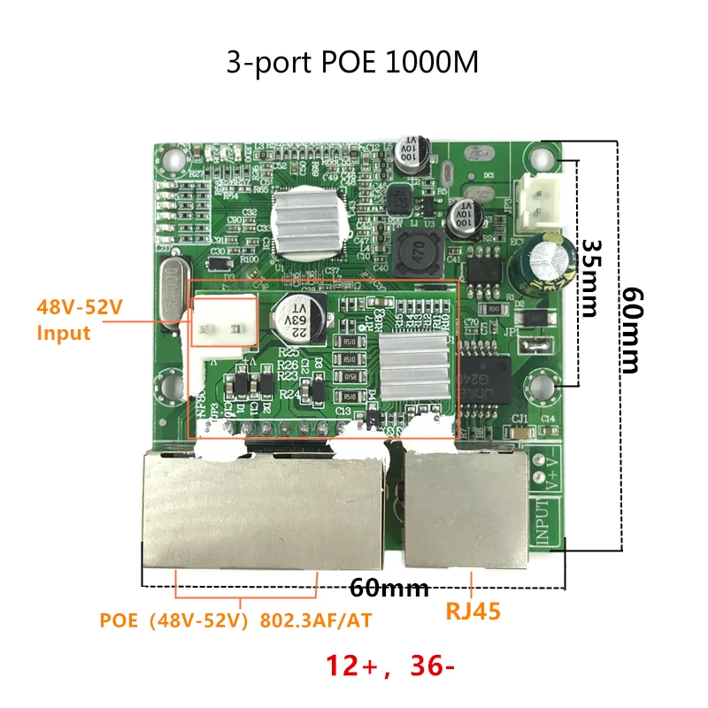 48V-52V 3-портовое питание по Ethernet гигабитный коммутатор модуль 48V2A 96 Вт-144 Вт 3 порта 10/100/1000 м контактный порт мини-коммутатор модуль PCBA материнская плата RJ45 POE - Цвет: 48V-52V