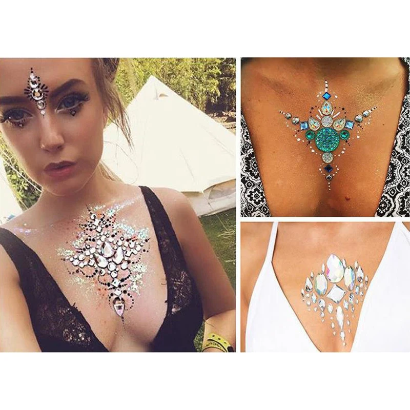 

Fake Tattoo Stickers Chest Jewels Crystal Face Decoration Diamond Acrylic Rhinestone Face Stickers Temporary Women's Tattoos