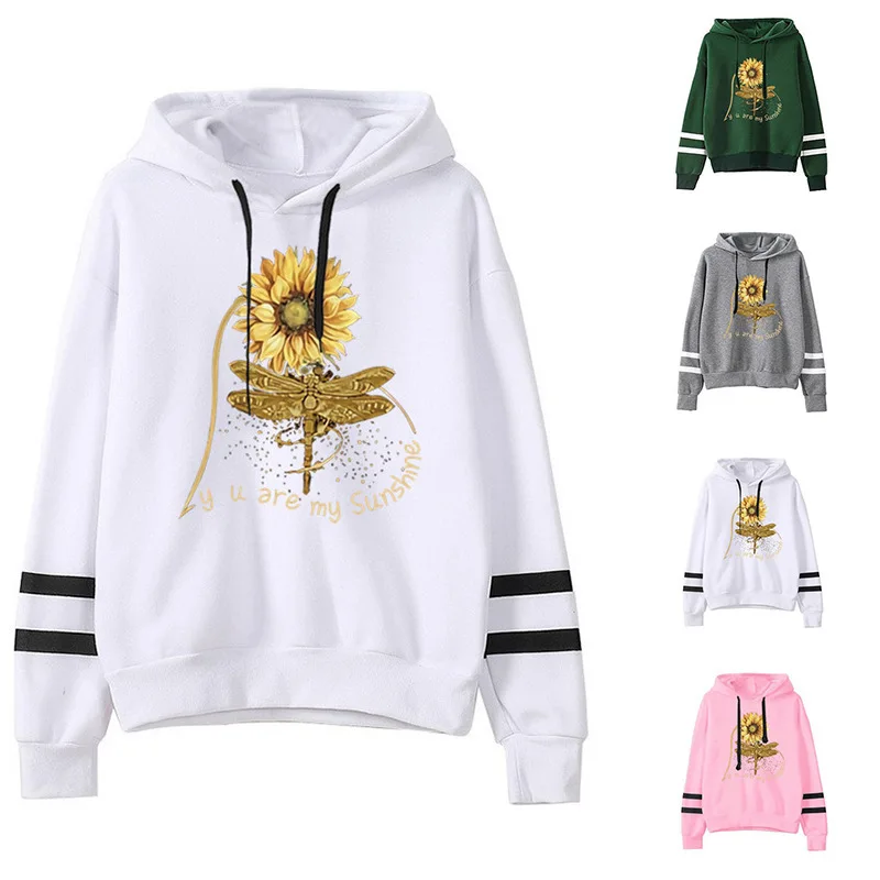 

Women Hoodie You Are My Sunshine Sunflower Printed Hoodies Women Double Striped Long Sleeve Fleece Sweatshirt with Hat Pullovers