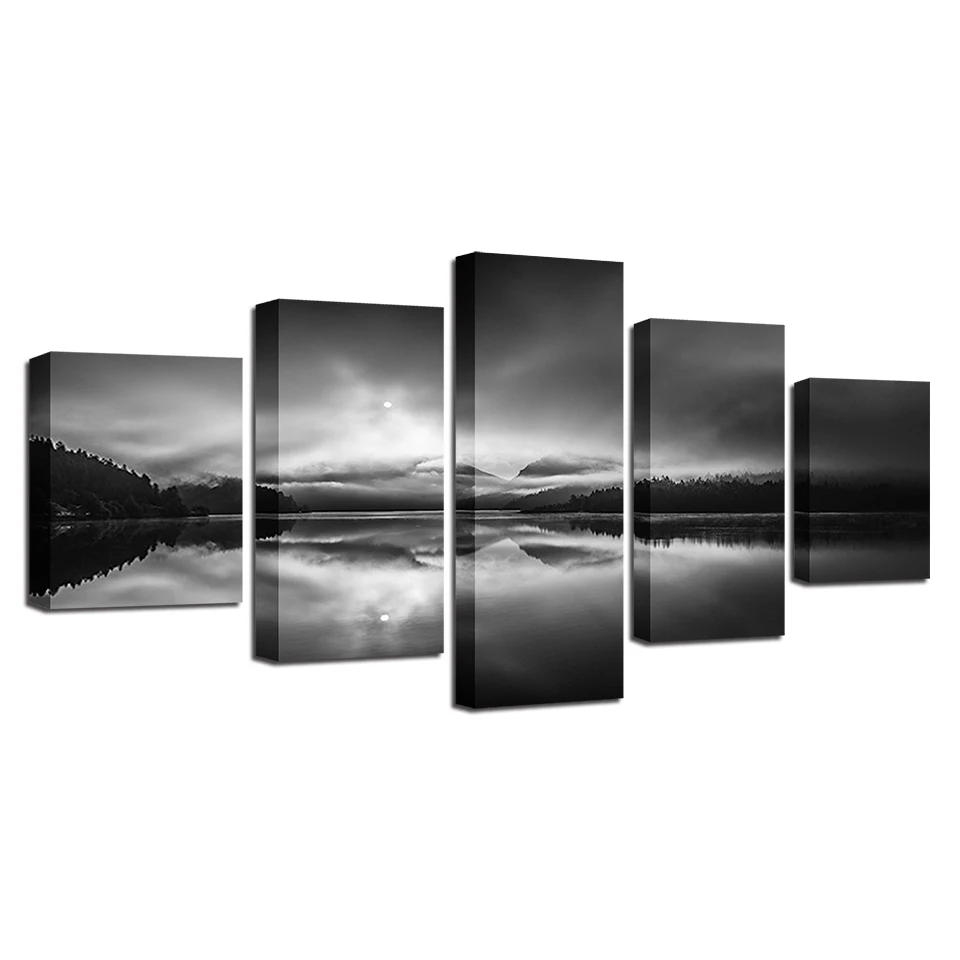 

Black And White Picture HD Printing Decor 5 Pieces Forest Lake Landscape Modular Canvas Painting For Living Room Wall Art Framed