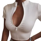 Модная женская футболка, сексуальный однотонный топ, стоячий воротник, короткий рукав, на молнии, облегающая, перекрещивающаяся, тонкая, короткая футболка