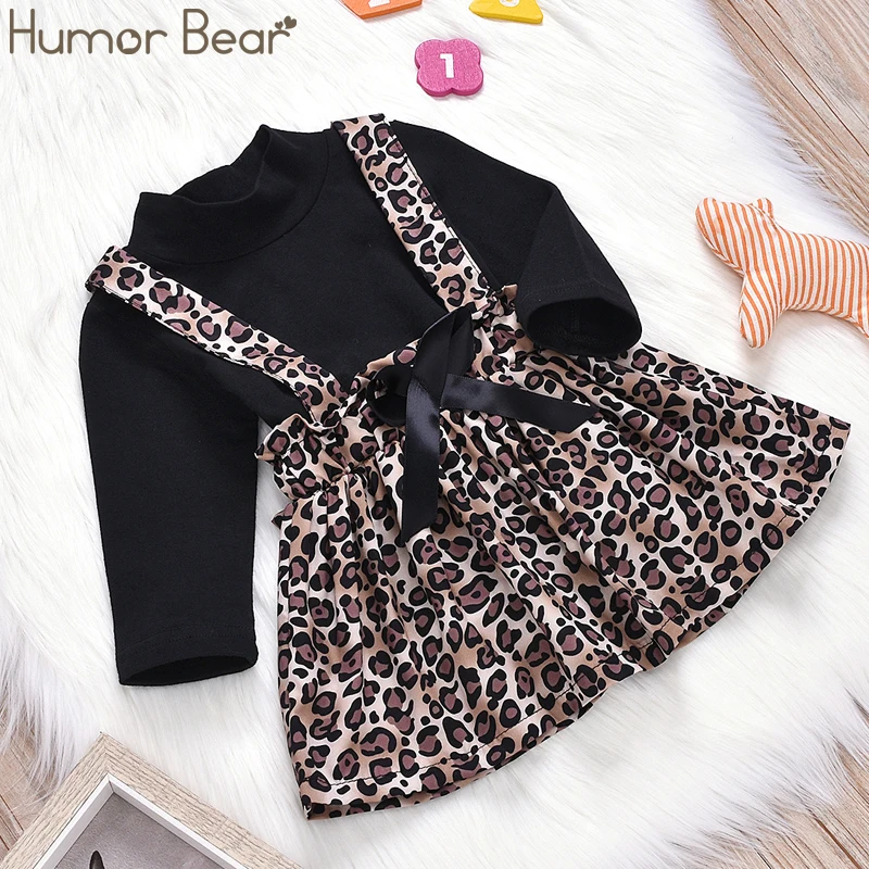 black Humor Bear/весенняя одежда для маленьких девочек; черная рубашка+ леопардовое платье на бретелях; комплект одежды; Детский костюм; одежда для малышей - Цвет: black