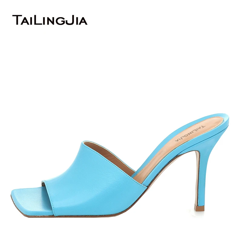 

Blue Mule Heels for Women 2022 Mules Designer Shoes Heeled Womens Slides Sandal Ladies Summer Fashion Square Toe Slide Sandals