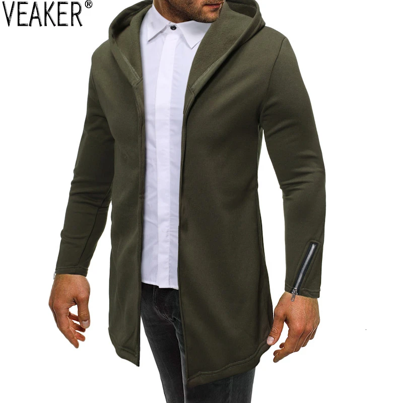 Мужская Длинная толстовка однотонная с капюшоном верхняя одежда осень