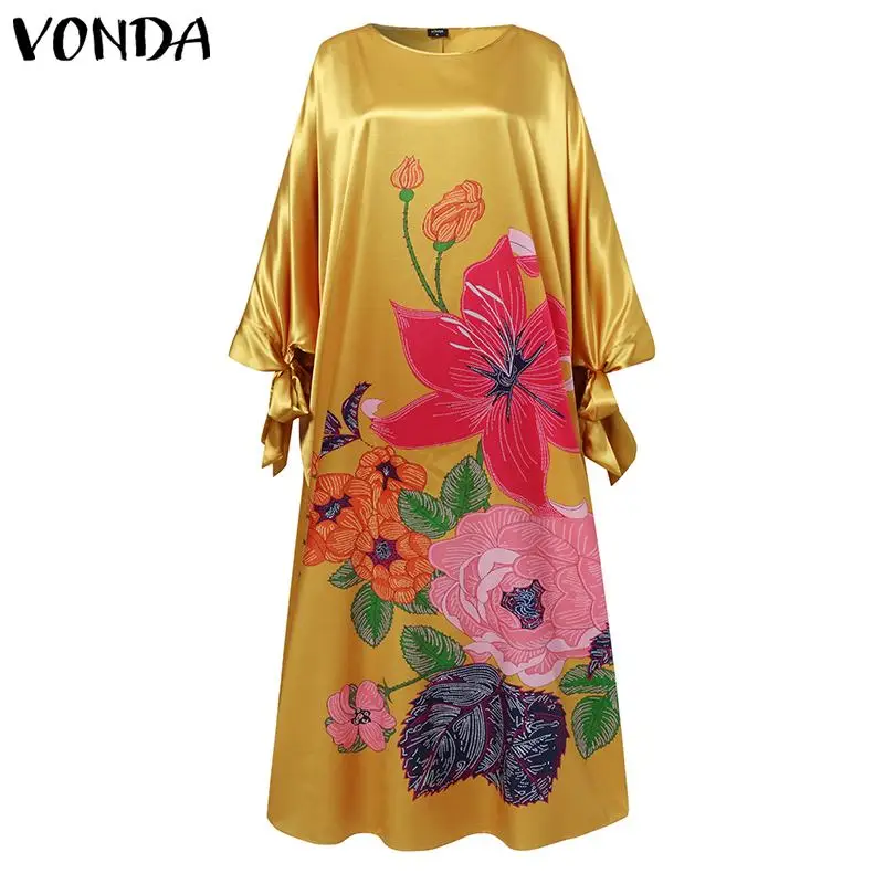 Bohemian Long Maxi Dress VONDA 2022 Women Vintage Floral Printed Party Dress Vestidos Autumn Long Sleeve Satin Slik Sundress