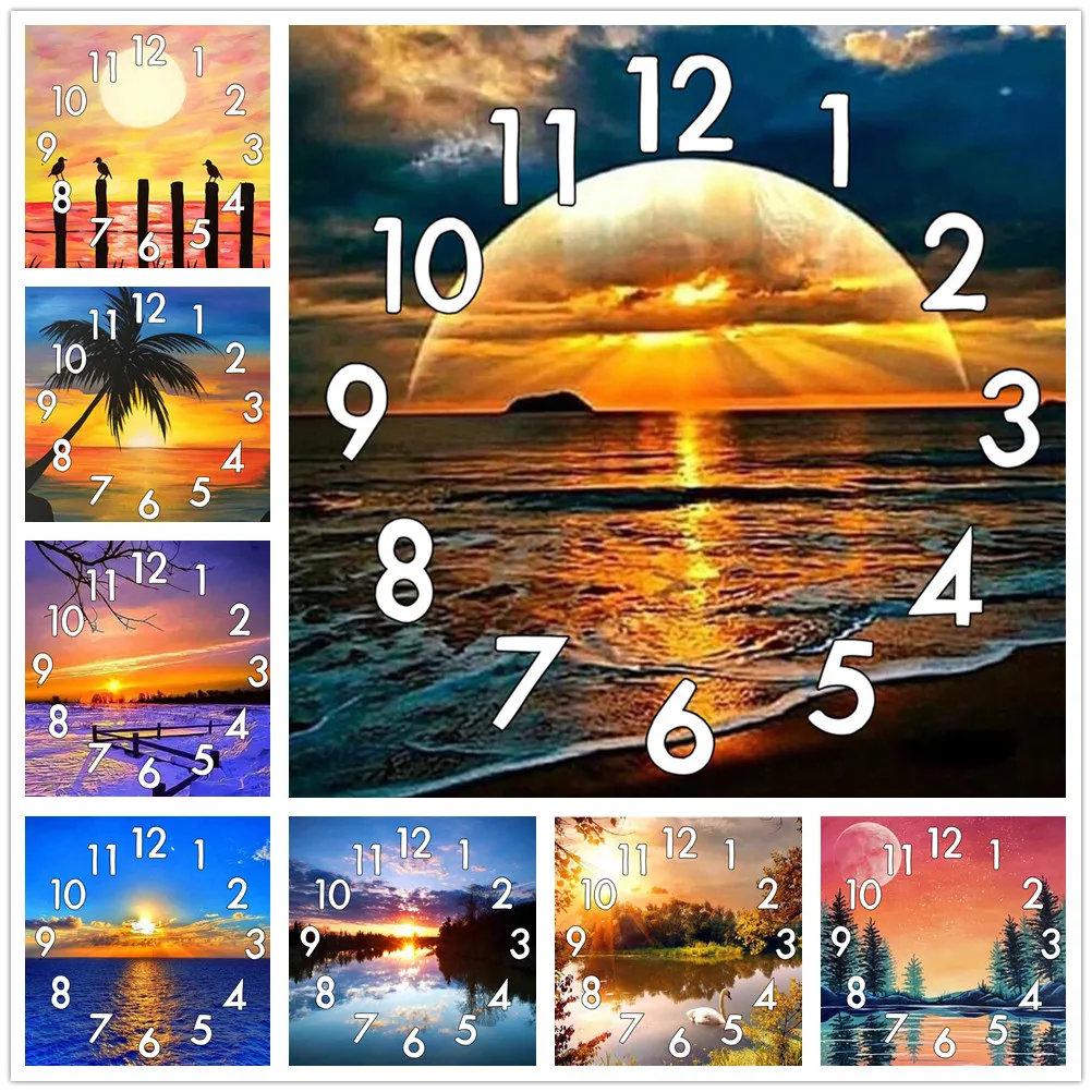 

Dpsupr Full Diamond Painting Cross Stitch Lake Scenery With Clock Mechanism Mosaic 5D Diy Square Round 3d Embroidery Gift