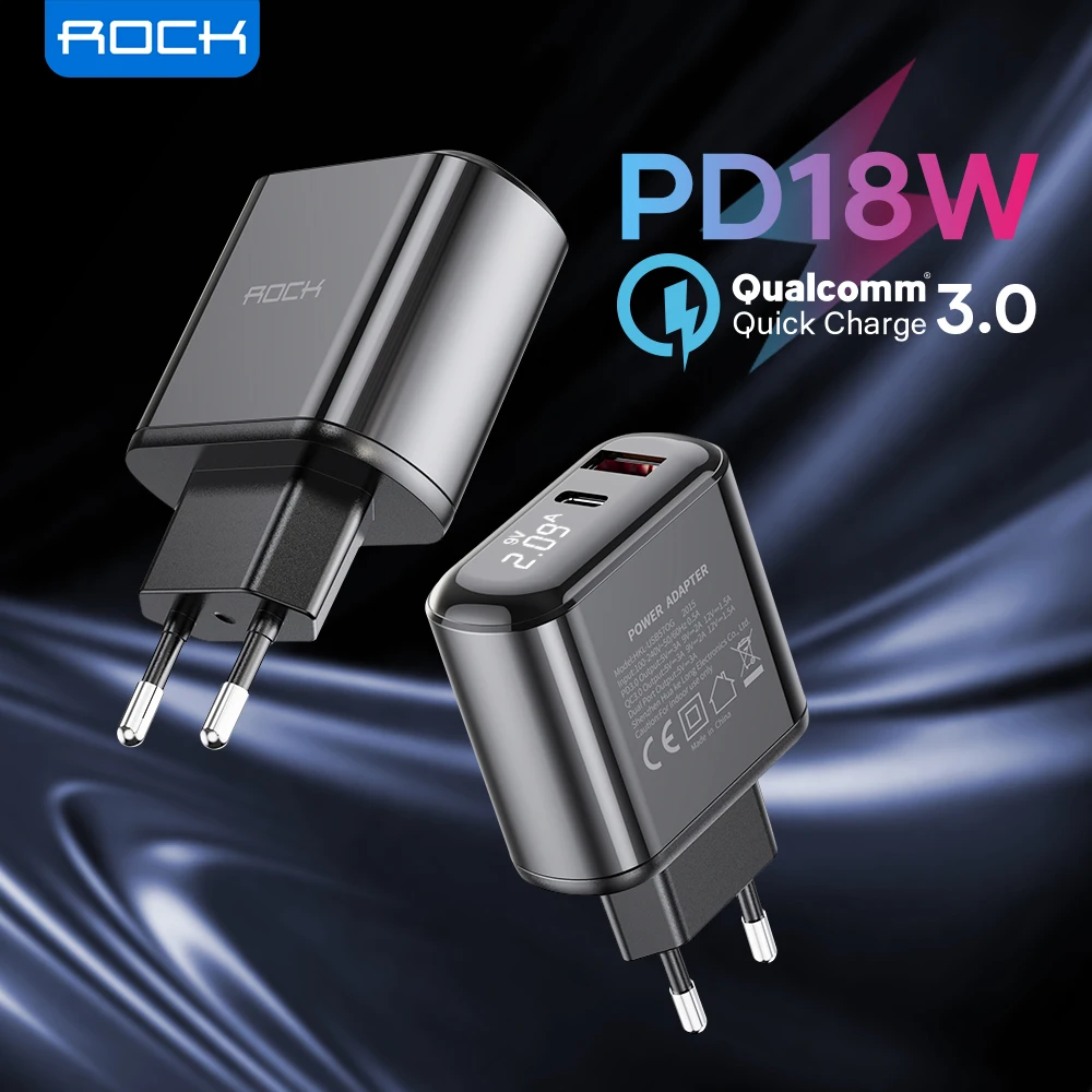 Сетевое зарядное устройство ROCK 18 Вт для iPhone 12 11 Pro Max с цифровым дисплеем 2 порта QC3.0