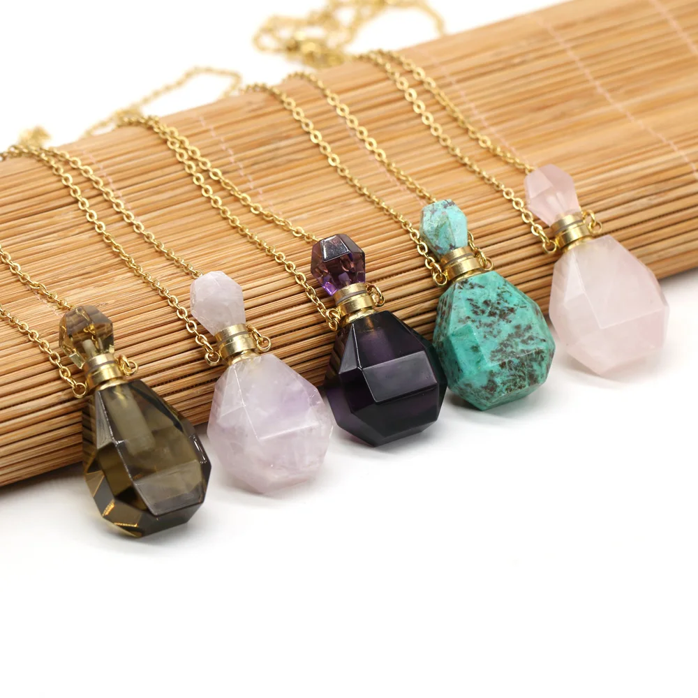 

Natural Quartz Amethysts Turquoises Stone Perfume Bottle Necklace Pendant Essential Oil Diffuser Jewelry Size 20x36x15mm