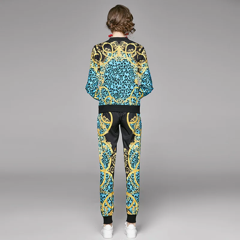 

Banulin Women Tracksuit 2 piece Pant Set Runway Leopard Printed Zipper Jacket Coat Tops + Elastic Waist Long Pant Set Outfits