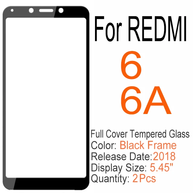 RedMi 6 (6A) Black 2 шт полное покрытие из закаленного стекла для Xiaomi redmi 6 6A 7 7A K20 Note 6 7 Pro, Защитное стекло для экрана для redmi S2 GO Y3 - Цвет: RedMi 6 (6A) Black