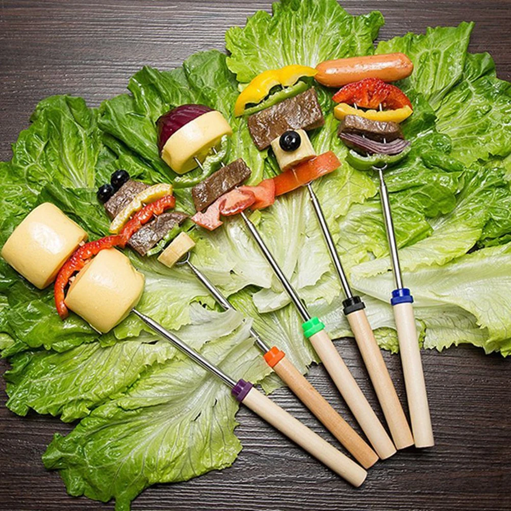 Stainless Steel Roasting Fork Wooden Handle Telescoping Sausage Skewer Stick Barbecue for Camping Cooking Picnic | Дом и сад