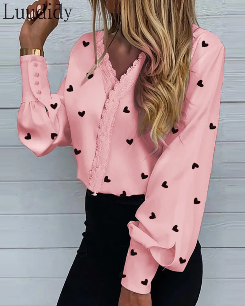 

Women Elegant Work Wear V Neck Print Lantern Sleeve Shirt Blouse