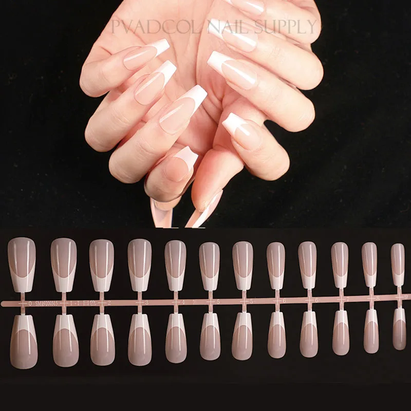 Французские накладные ногти розовые белые гробы Длинные с полным покрытием