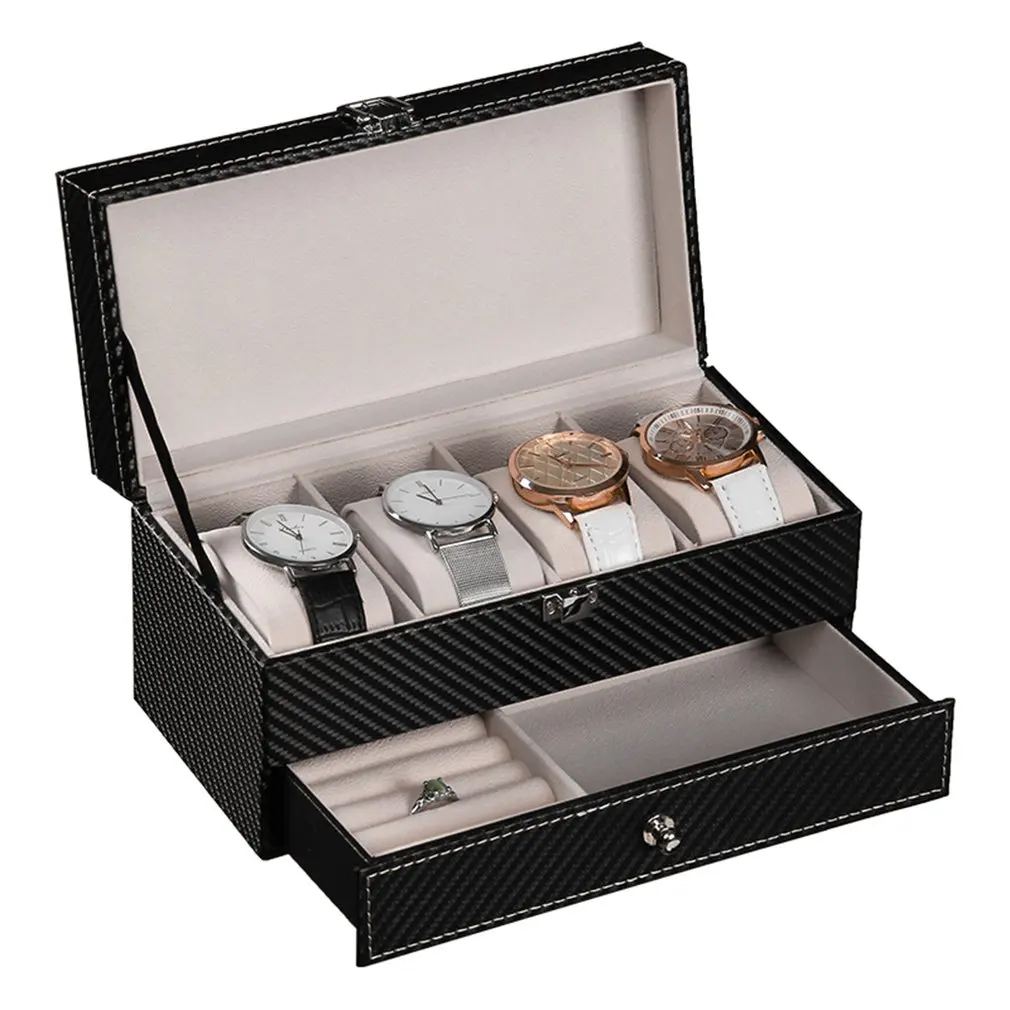

2 Layers 4-bit Watches Gift Box with Drawer Carbon Fiber Black Watch Holder Organizer Storage Display Boxes Jewelry Case