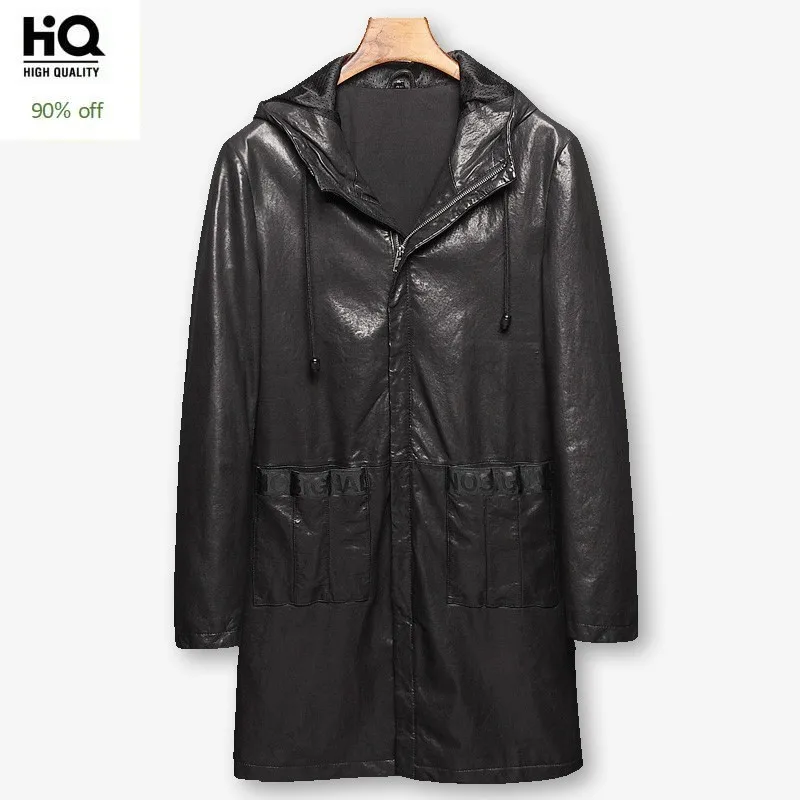 Модные весенне-осенние мужские тренчи средней длины из овчины с капюшоном и