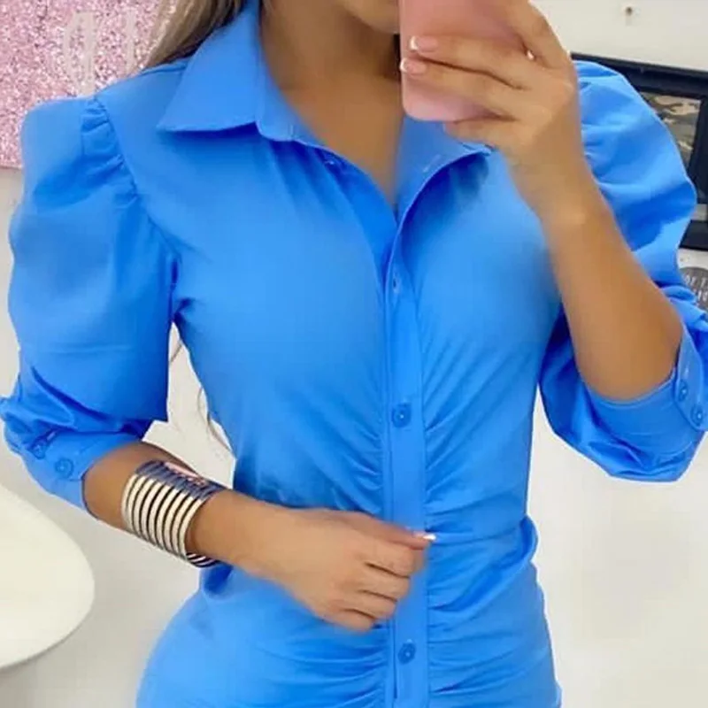 

2021 Spring Button Turn-Down Collar Shirt Dress Elegant Women Solid Puff Sleeve Party Dress Fashion Office Lady Slim Mini Dress